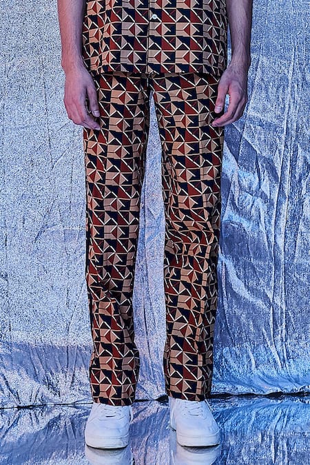 Buy_Line Out Line_Brown Cotton Geo Print Pyjama Pant_Online_at_Aza_Fashions
