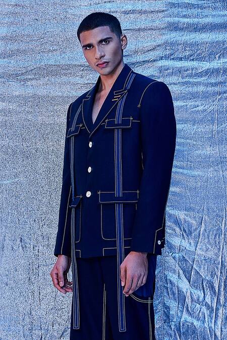 Buy_Line Out Line_Blue Cotton Embroidered Thread Stitch Work Notched Collar Safari Jacket_Online_at_Aza_Fashions