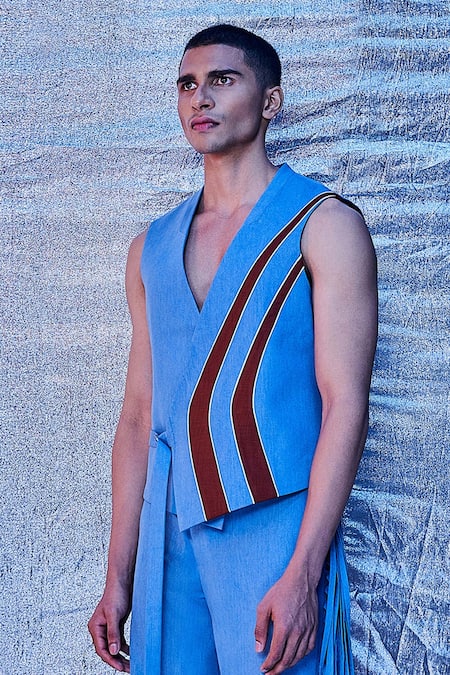Buy_Line Out Line_Blue Denim Streamline Arched Vest Jacket_Online_at_Aza_Fashions