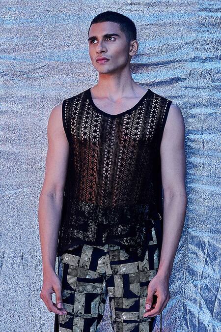 Line Out Line_Black Lace Slipon Vest T-shirt_Online_at_Aza_Fashions