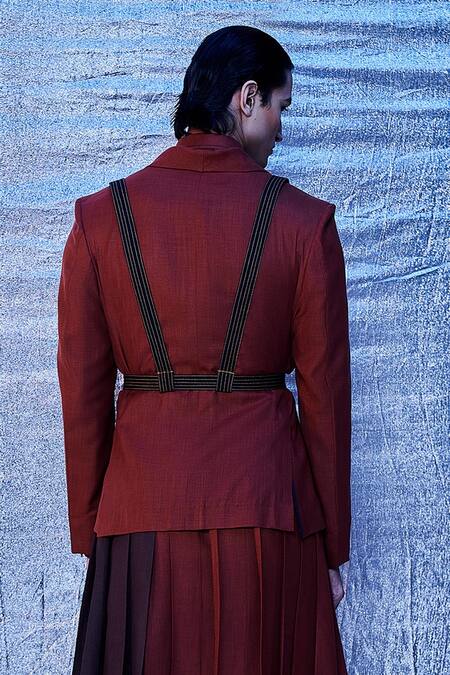 Line Out Line_Red Cotton Plain Single Breasted Harness Blazer_Online_at_Aza_Fashions