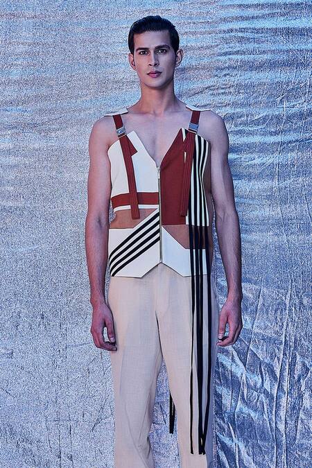 Line Out Line_Cream Cotton Deco Pattern Vest Jacket_Online_at_Aza_Fashions