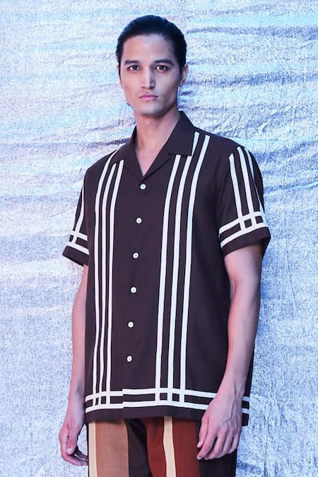 Line Out Line_Brown Cotton Contrast Stripe Pattern Resort Shirt_Online_at_Aza_Fashions