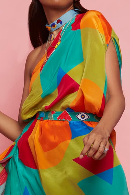 Buy_Esha L Amin_Multi Color Rayon Geometric Asymmetric Pattern One Shoulder Kaftan_Online_at_Aza_Fashions