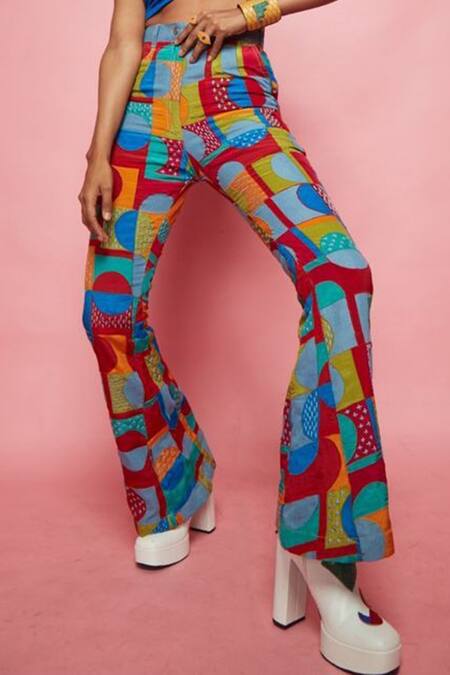 Buy_Esha L Amin_Multi Color Denim Geometric Motifs Patched Bell Bottom Pant_Online_at_Aza_Fashions