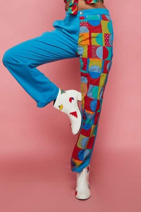 Esha L Amin Blue Rayon Geometric Motifs Half Printed Joggers Online at Aza Fashions Esha L Amin_Blue Rayon Geometric Motifs Half Printed Joggers_Online_at_Aza_Fashions