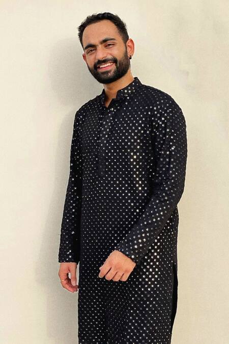 Buy_Hilo Design_Black Georgette, Satin Mirrors Work Kurta For Kids_Online_at_Aza_Fashions