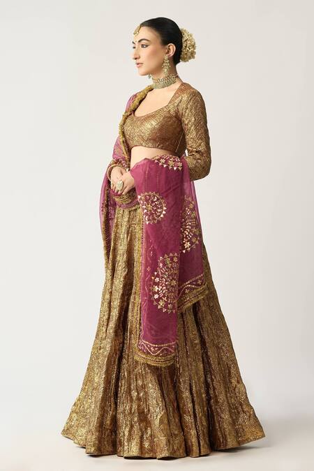 Buy_Itrh_Gold Silk Organza, Lampi, Lining Cotton And Ira Mehroon Bridal Lehenga Set _Online_at_Aza_Fashions