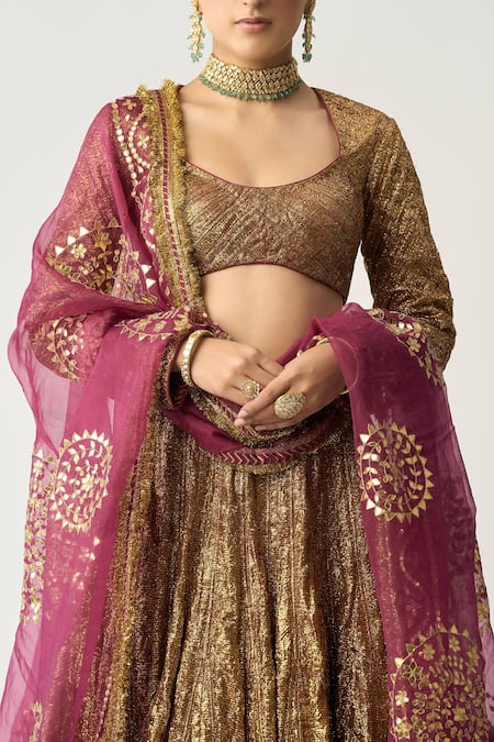 Shop_Itrh_Gold Silk Organza, Lampi, Lining Cotton And Ira Mehroon Bridal Lehenga Set _Online_at_Aza_Fashions