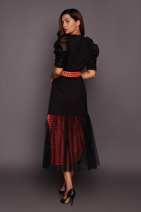 Shop Deepika Arora Black Ponte Roma V Neck Puff Sleeve Dress at Aza Fashions Shop_Deepika Arora_Black Ponte Roma V Neck Puff Sleeve Dress_at_Aza_Fashions