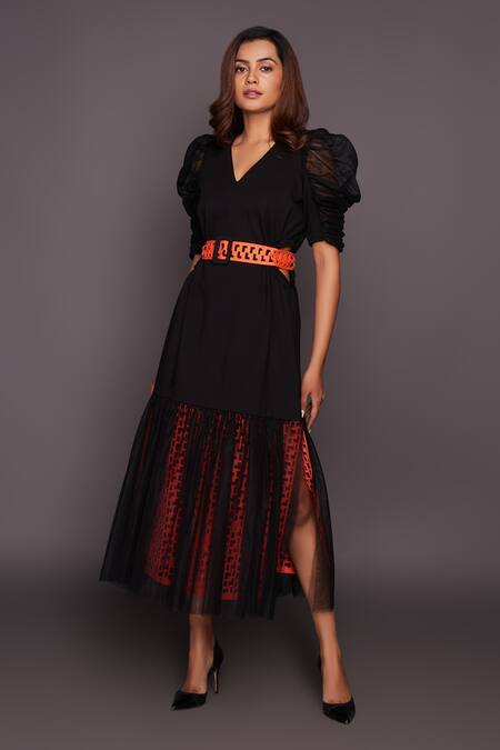 Deepika Arora Black Ponte Roma V Neck Puff Sleeve Dress Online at Aza Fashions Deepika Arora_Black Ponte Roma V Neck Puff Sleeve Dress_Online_at_Aza_Fashions