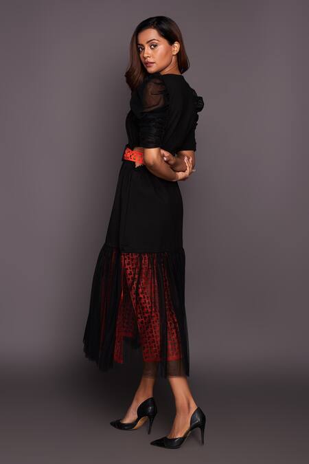 Buy Deepika Arora Black Ponte Roma V Neck Puff Sleeve Dress Online at Aza Fashions Buy_Deepika Arora_Black Ponte Roma V Neck Puff Sleeve Dress_Online_at_Aza_Fashions