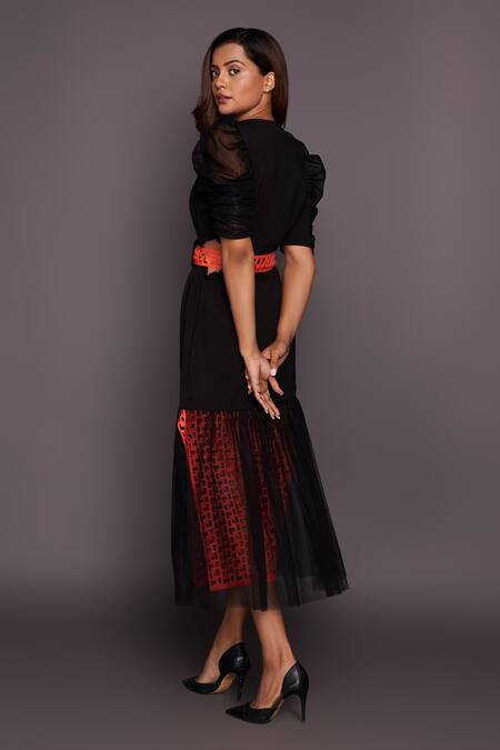 Shop Deepika Arora Black Ponte Roma V Neck Puff Sleeve Dress Online at Aza Fashions Shop_Deepika Arora_Black Ponte Roma V Neck Puff Sleeve Dress_Online_at_Aza_Fashions