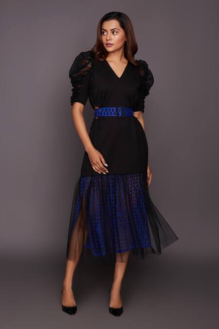 Deepika Arora_Black Ponte Roma, Four Way Lycra V Neck Puff Sleeve Cutwork Dress_Online_at_Aza_Fashions