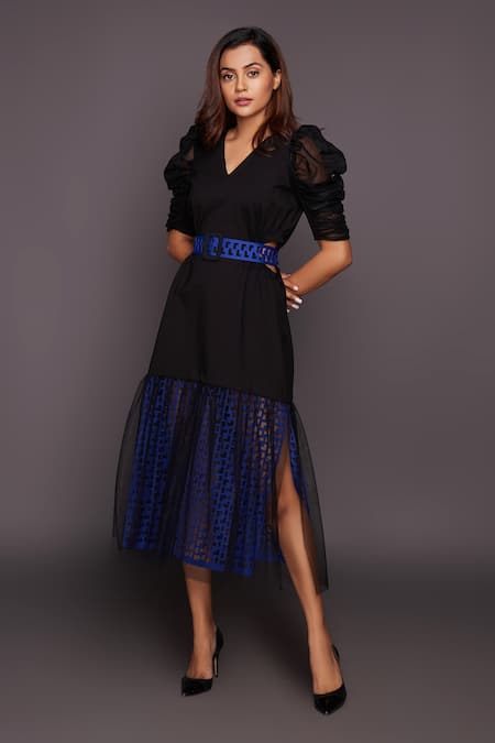 Buy_Deepika Arora_Black Ponte Roma, Four Way Lycra V Neck Puff Sleeve Cutwork Dress_Online_at_Aza_Fashions