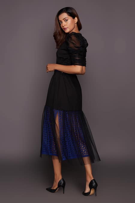 Shop_Deepika Arora_Black Ponte Roma, Four Way Lycra V Neck Puff Sleeve Cutwork Dress_Online_at_Aza_Fashions