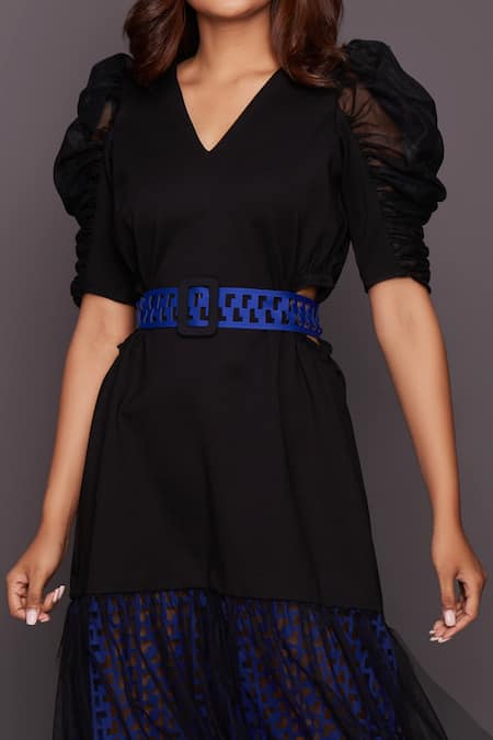 Deepika Arora_Black Ponte Roma, Four Way Lycra V Neck Puff Sleeve Cutwork Dress_at_Aza_Fashions
