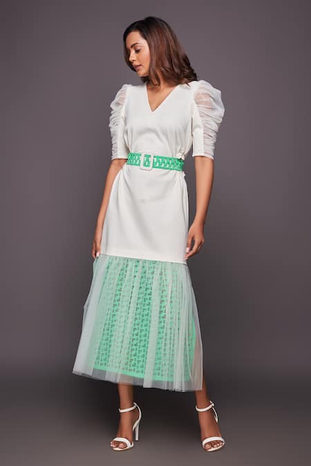 Buy_Deepika Arora_White Ponte Roma, Four Way Lycra V Neck Puff Sleeve Cutwork Dress_Online_at_Aza_Fashions