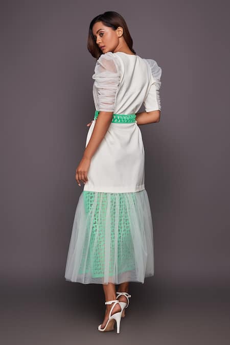 Shop_Deepika Arora_White Ponte Roma, Four Way Lycra V Neck Puff Sleeve Cutwork Dress_Online_at_Aza_Fashions
