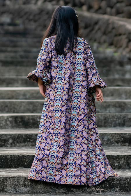 Shop Little Luxury Blue Brocade Beads Jacket And Pant Set at Aza Fashions Shop_Little Luxury_Blue Brocade Beads Jacket And Pant Set _at_Aza_Fashions