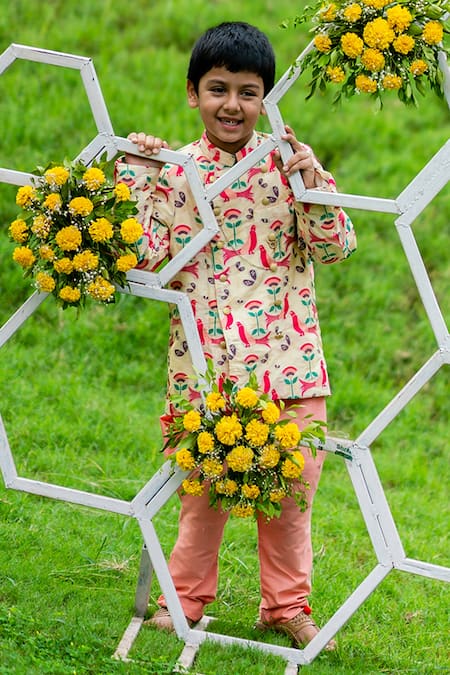 Shop Little Luxury Beige Brocade, Cotton Bandhgala Set at Aza Fashions Shop_Little Luxury_Beige Brocade, Cotton Bandhgala Set _at_Aza_Fashions