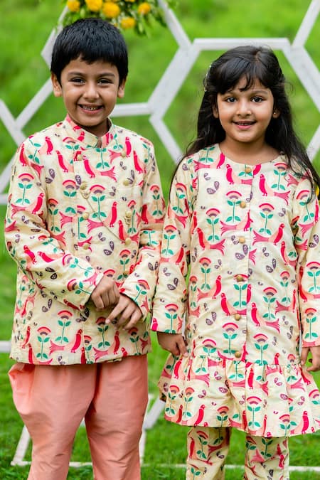 Little Luxury Beige Brocade, Cotton Bandhgala Set 