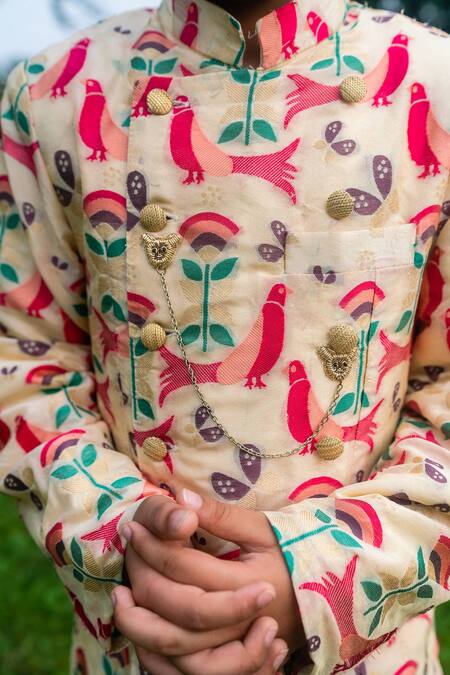 Little Luxury Beige Brocade, Cotton Bandhgala Set Online at Aza Fashions Little Luxury_Beige Brocade, Cotton Bandhgala Set _Online_at_Aza_Fashions