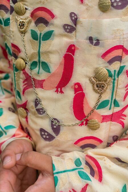 Buy Little Luxury Beige Brocade, Cotton Bandhgala Set Online at Aza Fashions Buy_Little Luxury_Beige Brocade, Cotton Bandhgala Set _Online_at_Aza_Fashions