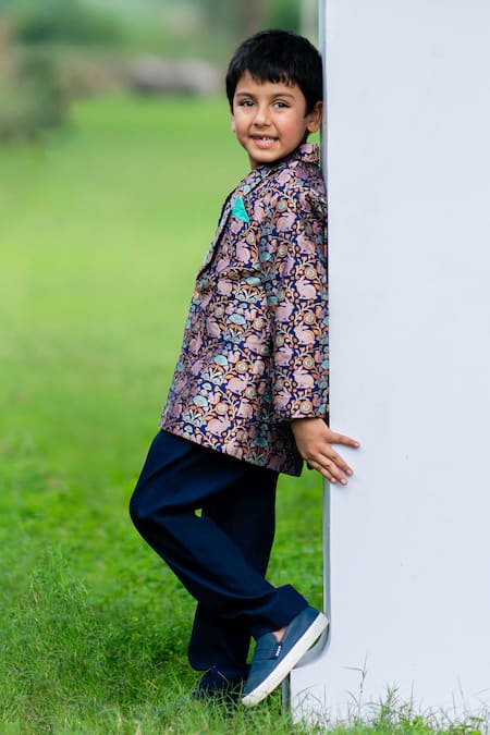 Little Luxury Blue Brocade Tuxedo And Pant Set 