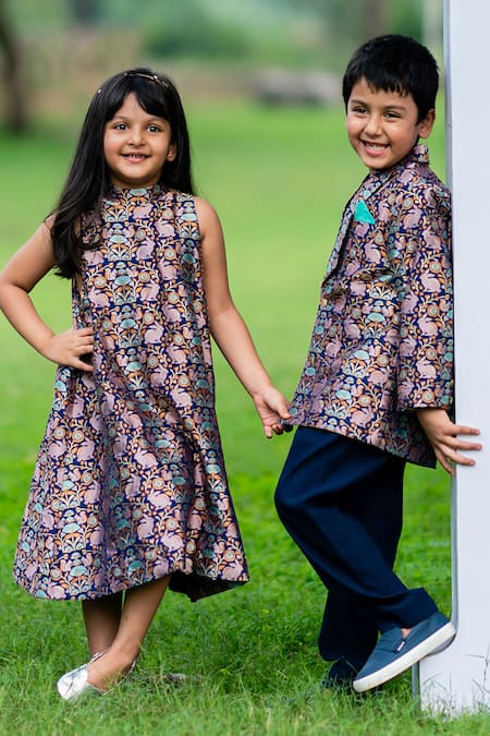 Shop Little Luxury Blue Brocade Tuxedo And Pant Set at Aza Fashions Shop_Little Luxury_Blue Brocade Tuxedo And Pant Set _at_Aza_Fashions