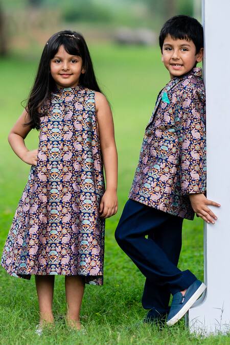 Little Luxury Blue Brocade Tuxedo And Pant Set Online at Aza Fashions Little Luxury_Blue Brocade Tuxedo And Pant Set _Online_at_Aza_Fashions