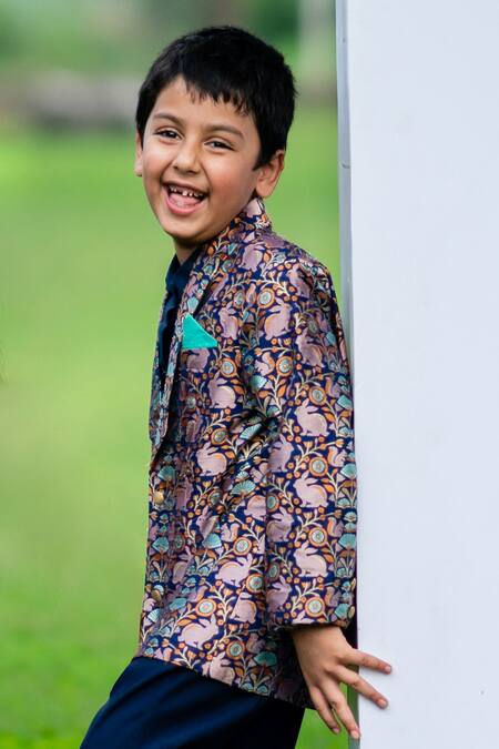 Buy Little Luxury Blue Brocade Tuxedo And Pant Set Online at Aza Fashions Buy_Little Luxury_Blue Brocade Tuxedo And Pant Set _Online_at_Aza_Fashions