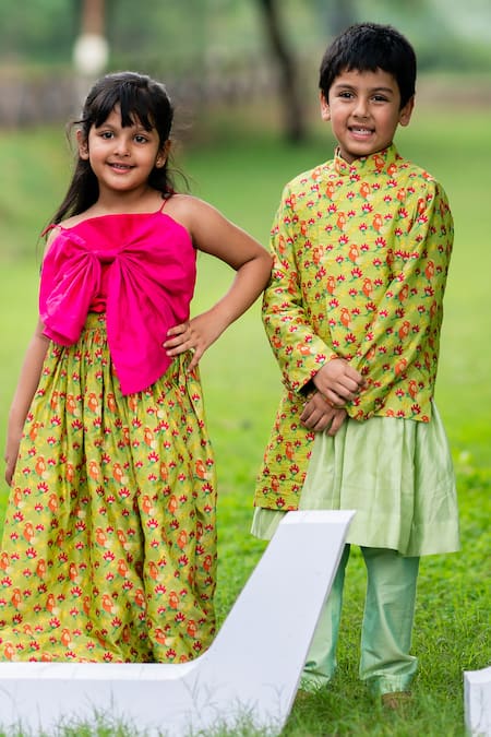 Shop Little Luxury Green Brocade Embroidery Jacket And Kurta Set at Aza Fashions Shop_Little Luxury_Green Brocade Embroidery Jacket And Kurta Set _at_Aza_Fashions