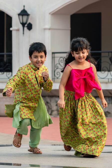 Little Luxury Green Brocade Embroidery Jacket And Kurta Set Online at Aza Fashions Little Luxury_Green Brocade Embroidery Jacket And Kurta Set _Online_at_Aza_Fashions