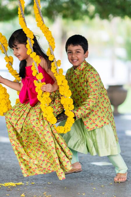 Buy Little Luxury Green Brocade Embroidery Jacket And Kurta Set Online at Aza Fashions Buy_Little Luxury_Green Brocade Embroidery Jacket And Kurta Set _Online_at_Aza_Fashions