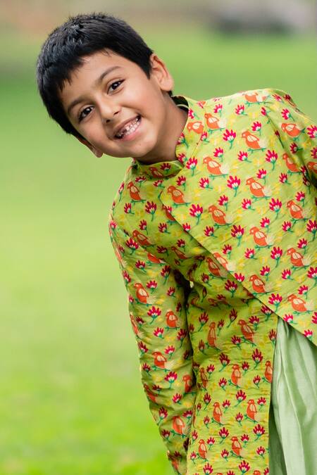 Shop Little Luxury Green Brocade Embroidery Jacket And Kurta Set Online at Aza Fashions Shop_Little Luxury_Green Brocade Embroidery Jacket And Kurta Set _Online_at_Aza_Fashions