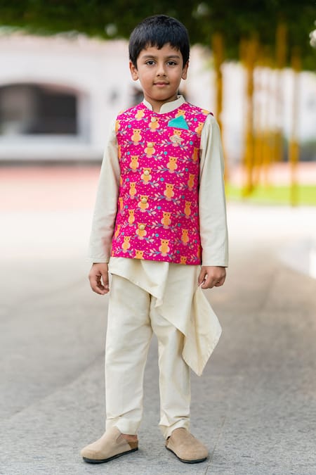 Little Luxury Pink Brocade Embroidery Bundi And Asymmetric Kurta Set 