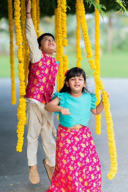Shop Little Luxury Pink Brocade Embroidery Bundi And Asymmetric Kurta Set at Aza Fashions Shop_Little Luxury_Pink Brocade Embroidery Bundi And Asymmetric Kurta Set _at_Aza_Fashions