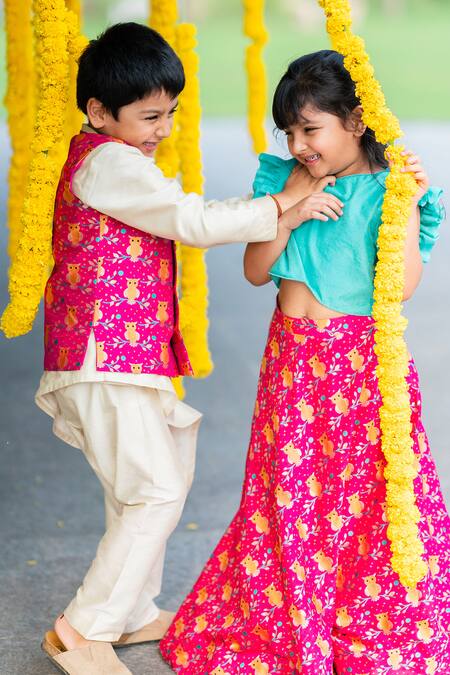 Little Luxury Pink Brocade Embroidery Bundi And Asymmetric Kurta Set Online at Aza Fashions Little Luxury_Pink Brocade Embroidery Bundi And Asymmetric Kurta Set _Online_at_Aza_Fashions