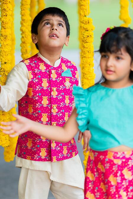 Buy Little Luxury Pink Brocade Embroidery Bundi And Asymmetric Kurta Set Online at Aza Fashions Buy_Little Luxury_Pink Brocade Embroidery Bundi And Asymmetric Kurta Set _Online_at_Aza_Fashions