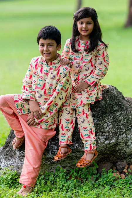 Shop Little Luxury Beige Brocade Tunic And Pant Set at Aza Fashions Shop_Little Luxury_Beige Brocade Tunic And Pant Set _at_Aza_Fashions