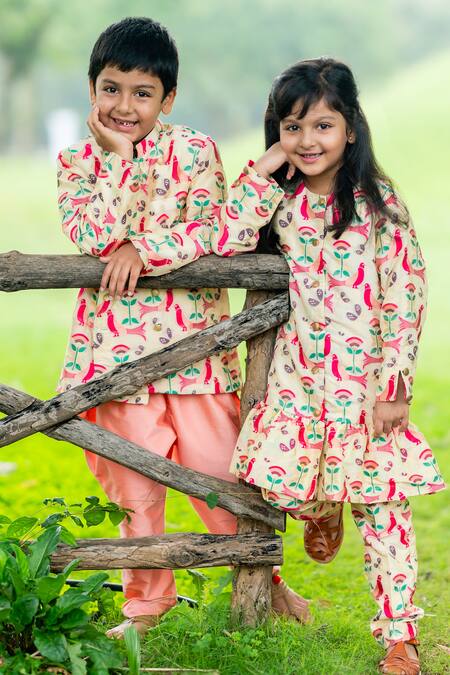 Little Luxury Beige Brocade Tunic And Pant Set Online at Aza Fashions Little Luxury_Beige Brocade Tunic And Pant Set _Online_at_Aza_Fashions