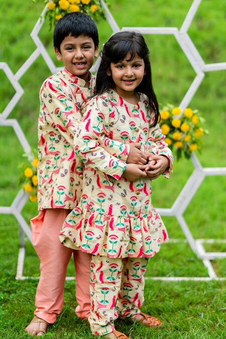 Shop Little Luxury Beige Brocade Tunic And Pant Set Online at Aza Fashions Shop_Little Luxury_Beige Brocade Tunic And Pant Set _Online_at_Aza_Fashions