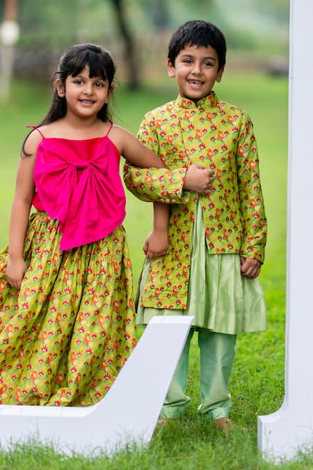 Shop Little Luxury Green Brocade Embroidery Lehenga Set at Aza Fashions Shop_Little Luxury_Green Brocade Embroidery Lehenga Set _at_Aza_Fashions