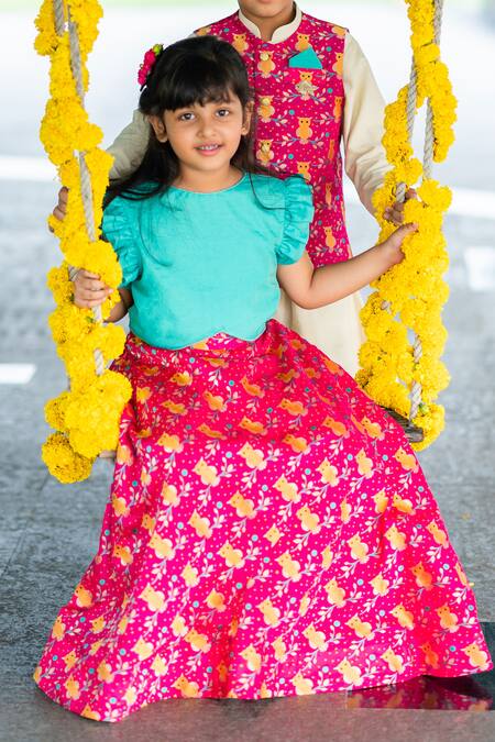 Little Luxury Pink Brocade Tassels, Embroidery Lehenga Set Online at Aza Fashions Little Luxury_Pink Brocade Tassels, Embroidery Lehenga Set _Online_at_Aza_Fashions