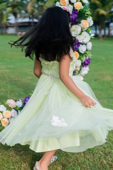 Shop Little Luxury Green Chiffon Embroidery Flared Dress at Aza Fashions Shop_Little Luxury_Green Chiffon Embroidery Flared Dress _at_Aza_Fashions