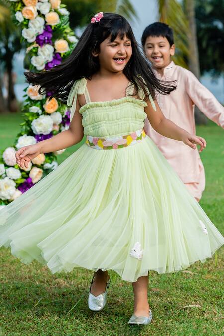 Buy Little Luxury Green Chiffon Embroidery Flared Dress Online at Aza Fashions Buy_Little Luxury_Green Chiffon Embroidery Flared Dress _Online_at_Aza_Fashions