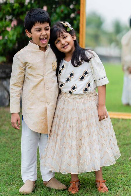 Little Luxury Gold , Satin, Cotton Embroidery Jacquard Sherwani Set Online at Aza Fashions Little Luxury_Gold , Satin, Cotton Embroidery Jacquard Sherwani Set _Online_at_Aza_Fashions