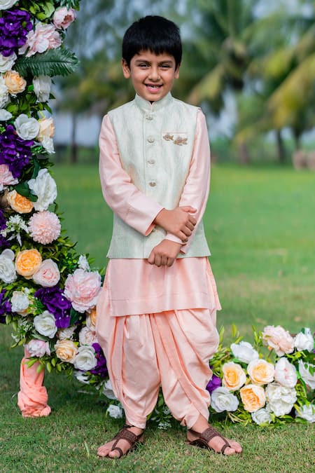 Little Luxury Green Silk, Cotton Embroidery Floral Woven Bundi And Dhoti Pant Set 