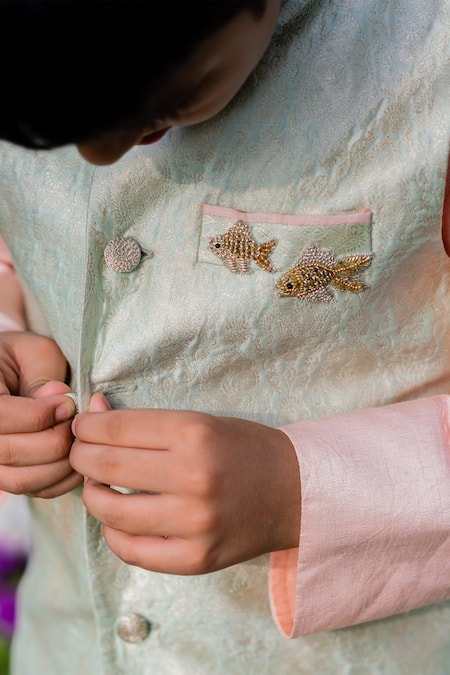 Shop Little Luxury Green Silk, Cotton Embroidery Floral Woven Bundi And Dhoti Pant Set at Aza Fashions Shop_Little Luxury_Green Silk, Cotton Embroidery Floral Woven Bundi And Dhoti Pant Set _at_Aza_Fashions